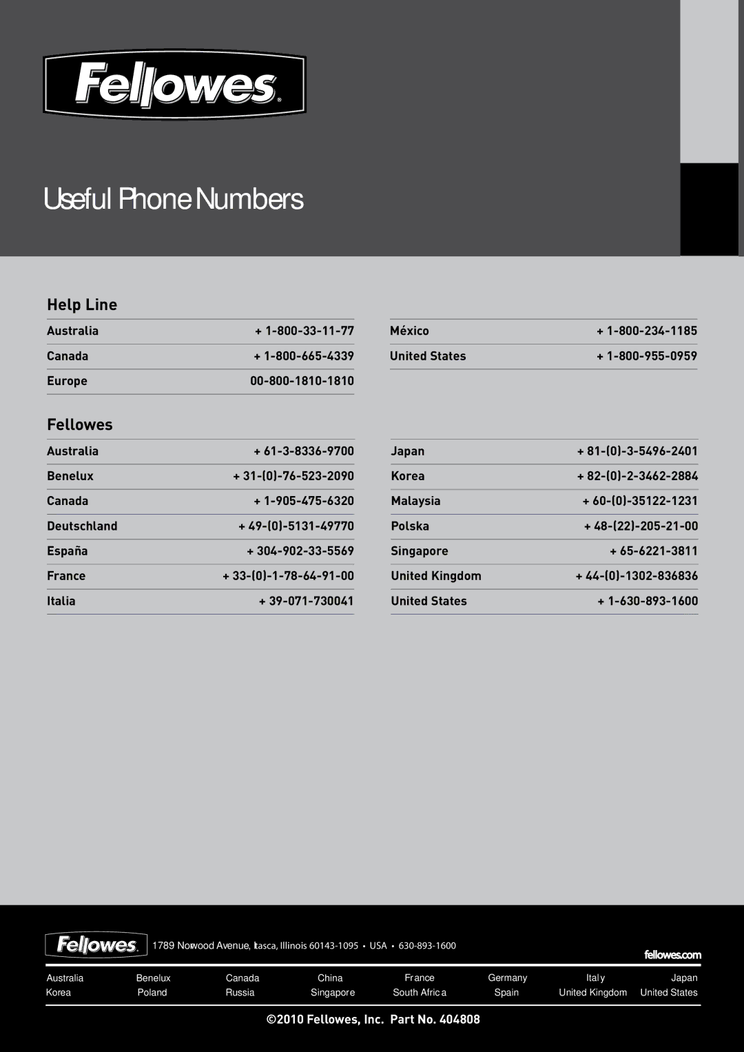 Fellowes EXL45-3 manual Useful Phone Numbers 