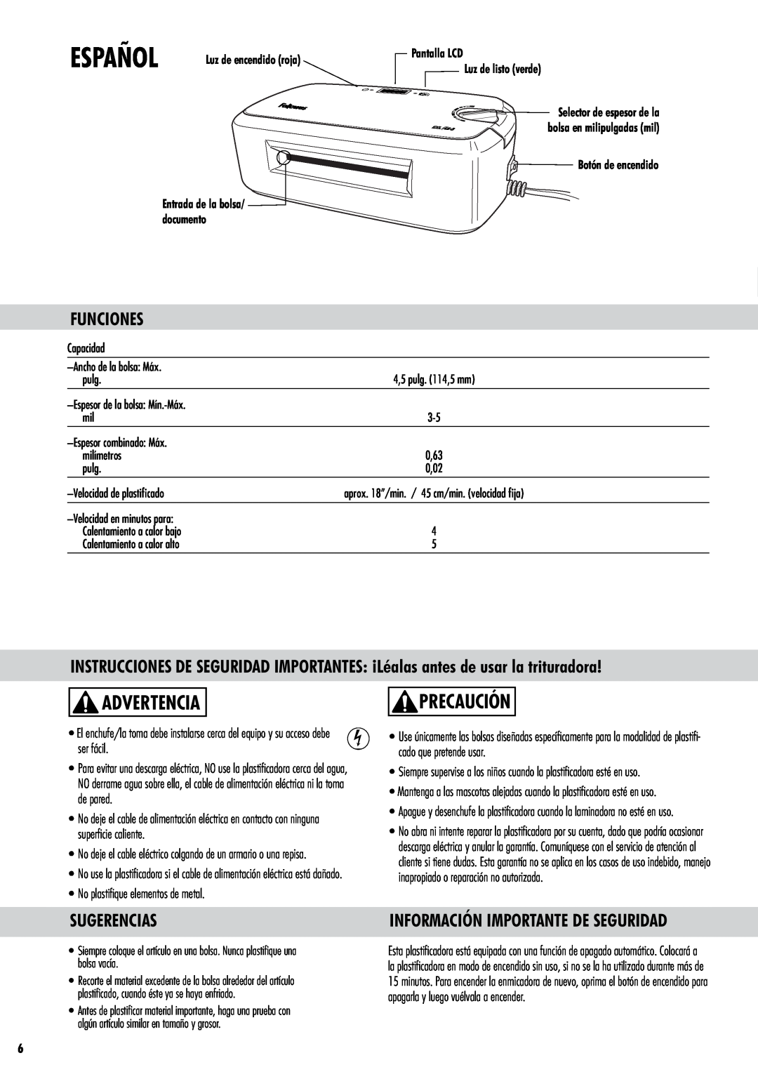 Fellowes EXL45-3 manual Español, Advertencia, Precaución, Funciones, Sugerencias, Información Importante De Seguridad 