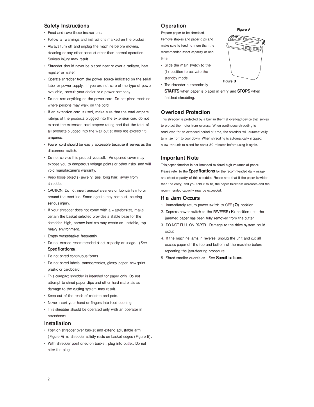 Fellowes FS 3+ FS 5 Safety Instructions Read and save these instructions, Empty wastebasket frequently, Important Note 