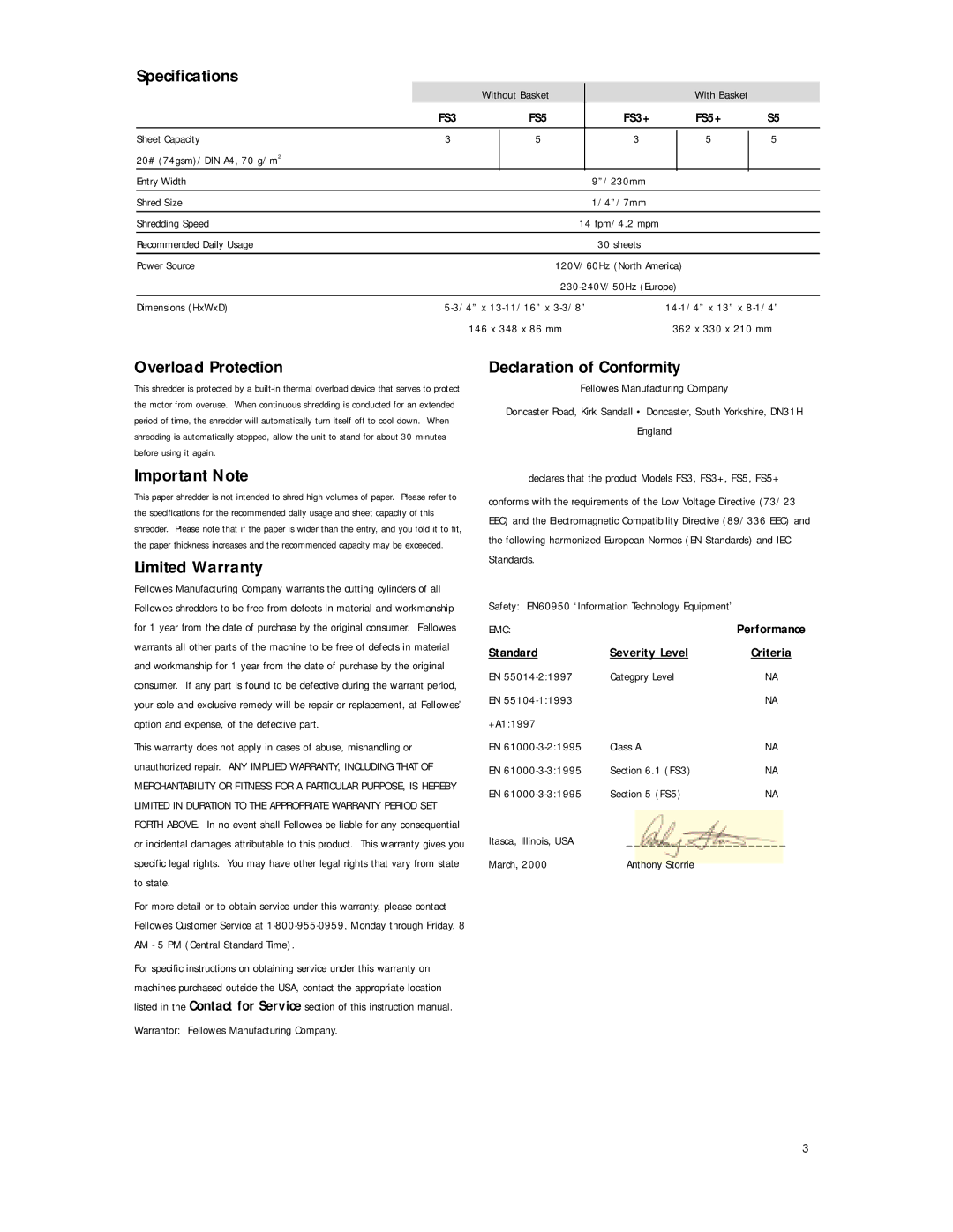 Fellowes FS 5+ S5, FS 3+ FS 5 manual Specifications, Declaration of Conformity, Limited Warranty 