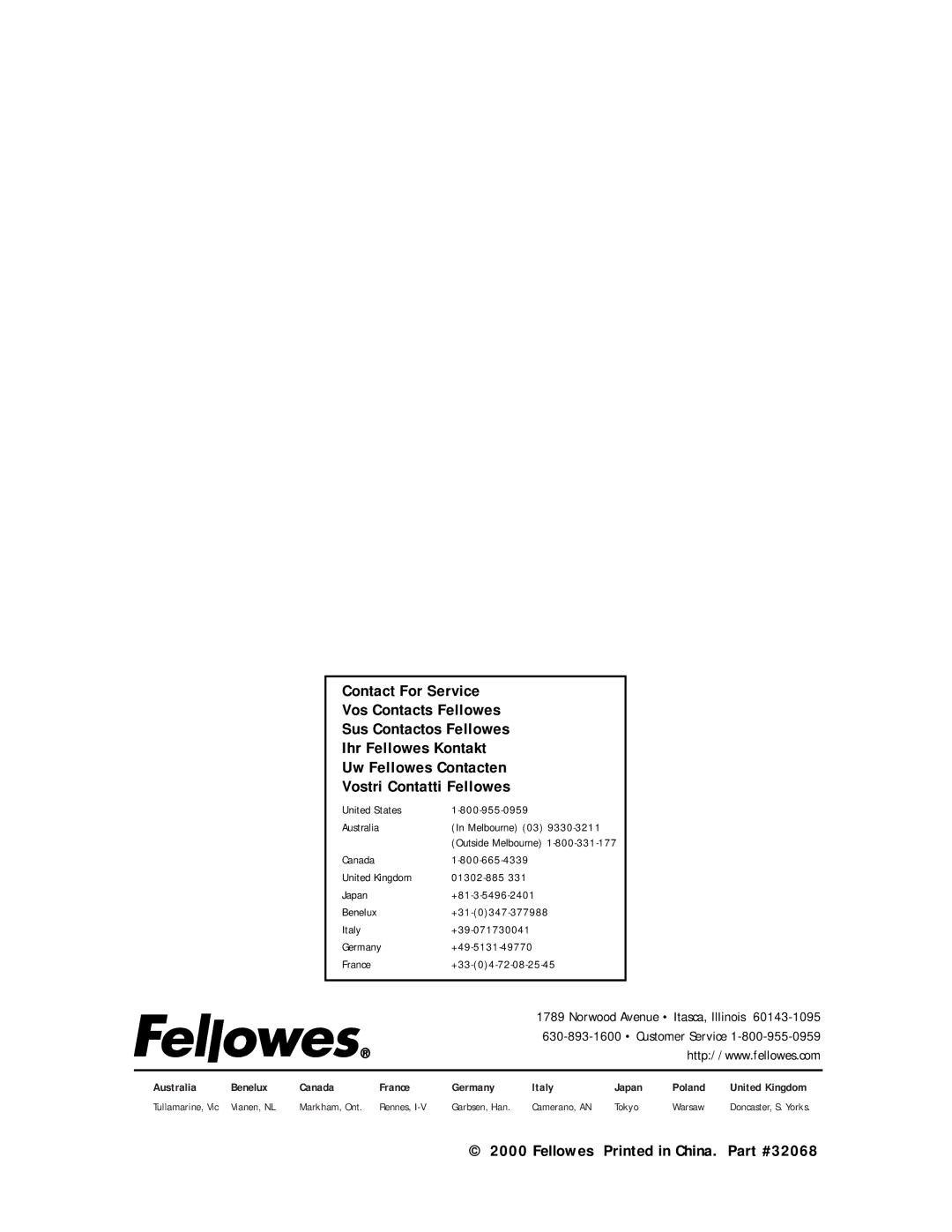 Fellowes FS 5+ S5, FS 3+ FS 5 manual Contact For Service Vos Contacts Fellowes 