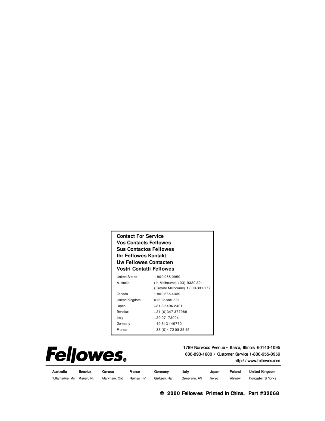 Fellowes FS 5+ S5 Fellowes Printed in China, Contact For Service, Vos Contacts Fellowes, Ihr Fellowes Kontakt, Australia 