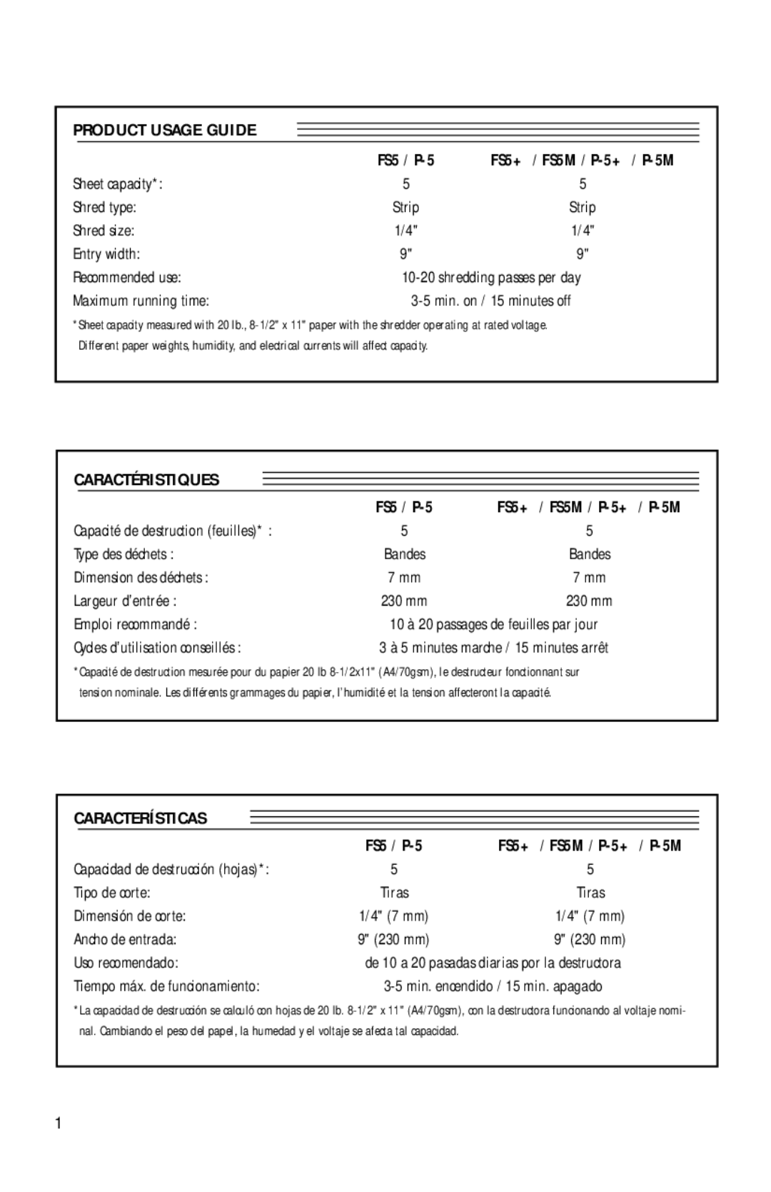 Fellowes P-5+, FS5M Product Usage Guide, Características, Capacité de destruction feuilles, Capacidad de destrucción hojas 