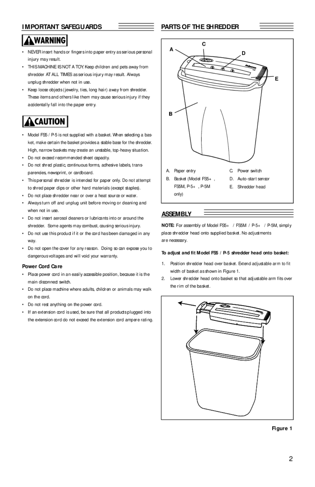 Fellowes P-5M, FS5M, GS5M, P-5+ manual Important Safeguards, Parts of the Shredder, Assembly, Power Cord Care 