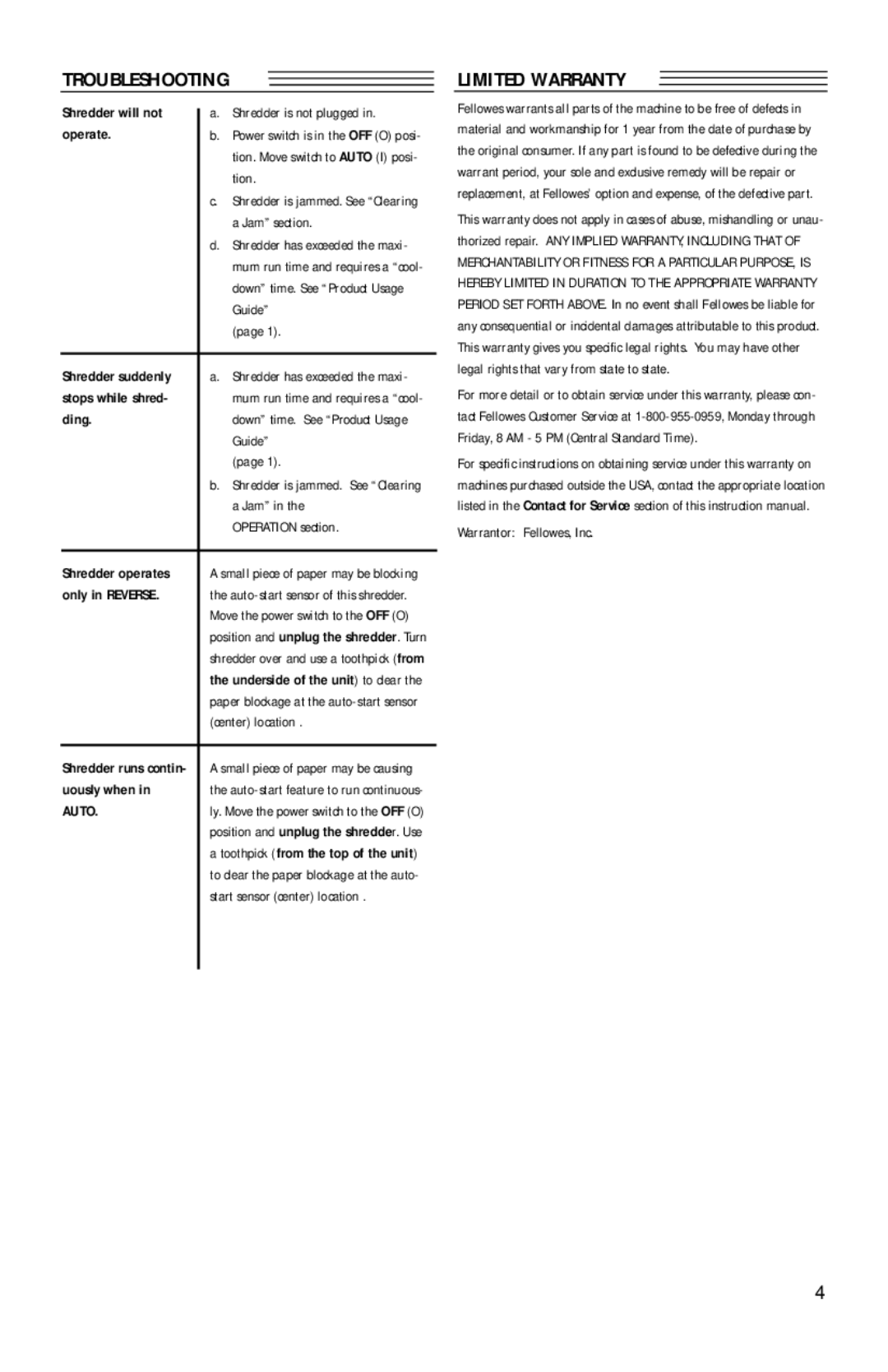 Fellowes FS5M, GS5M, P-5+, P-5M manual Troubleshooting, Limited Warranty, Operate, Ding 