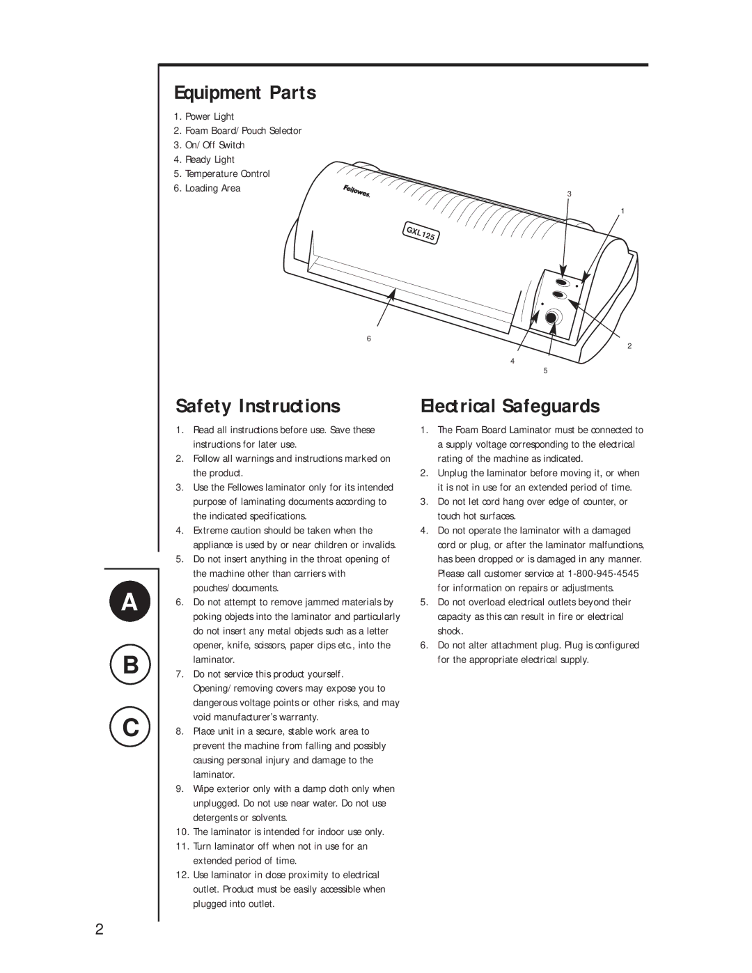 Fellowes GXL 125 manual Equipment Parts, Safety Instructions, Electrical Safeguards 