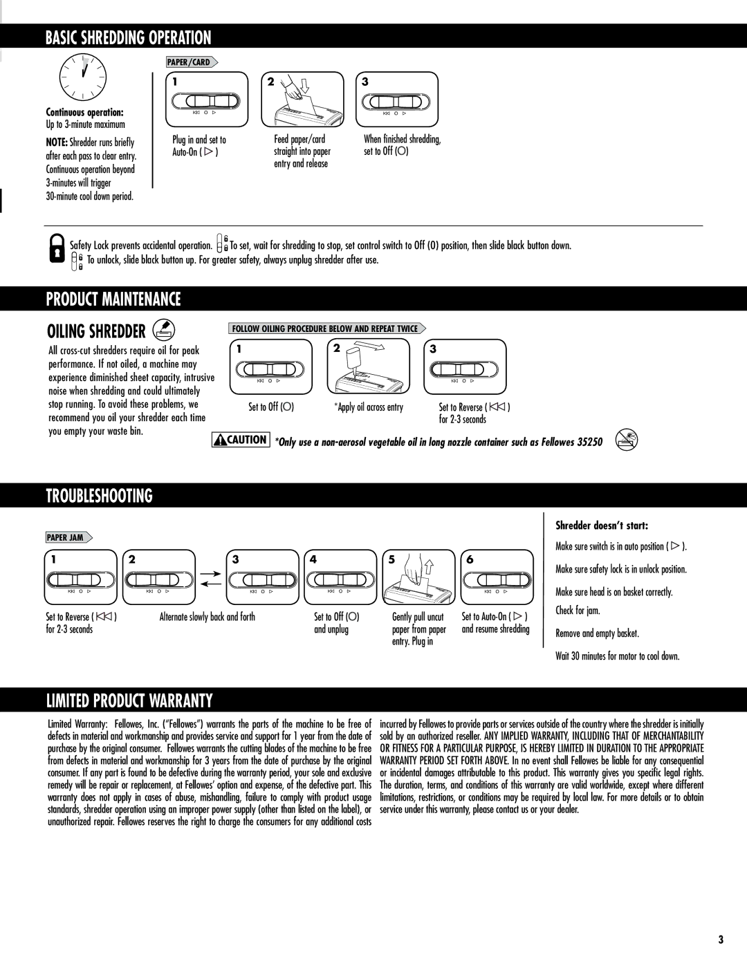 Fellowes H-5C manual Basic Shredding Operation, Limited Product Warranty, Product Maintenance, Shredder doesn’t start 