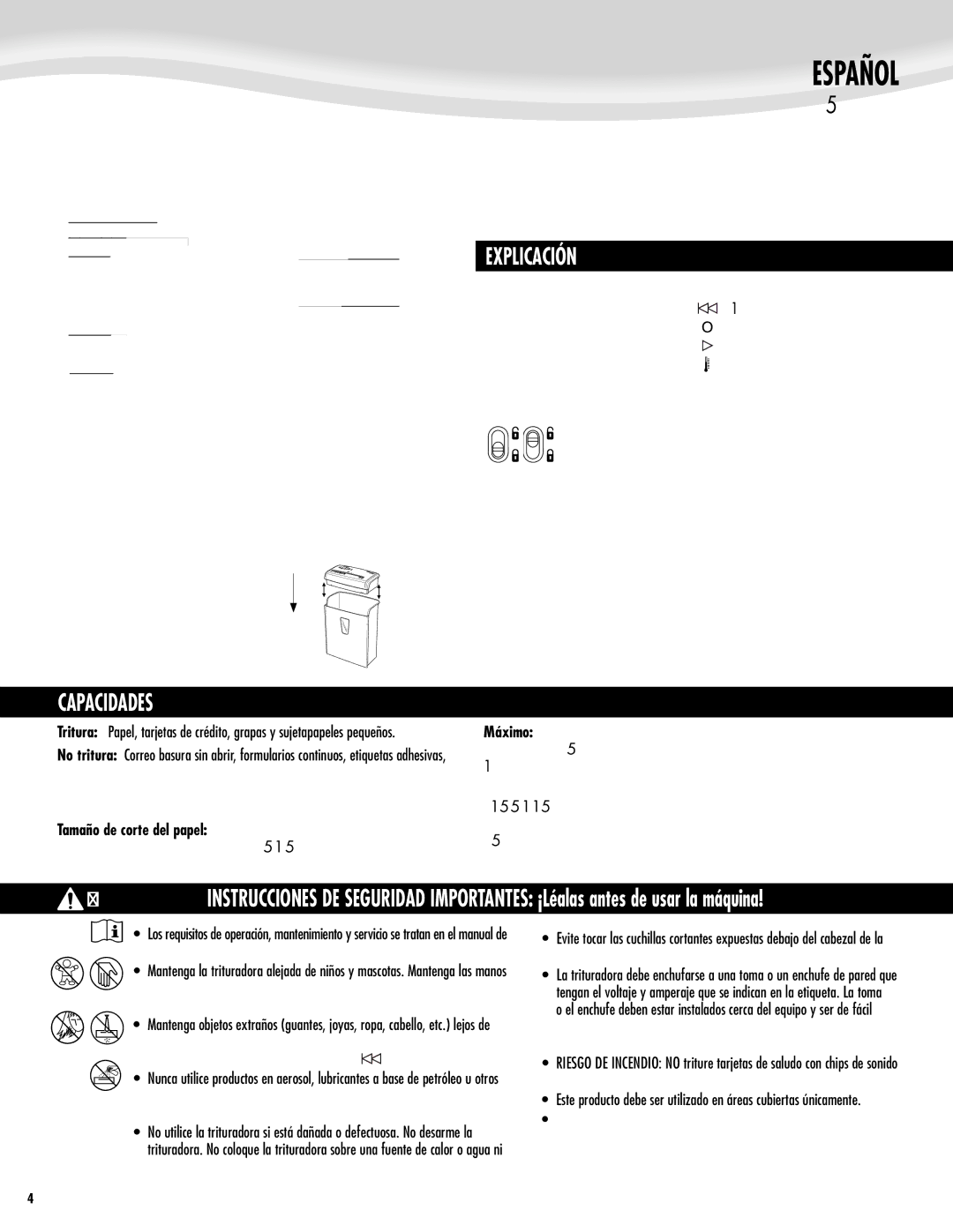 Fellowes H-5C manual Español, Explicación, Capacidades, Tamaño de corte del papel, Máximo 