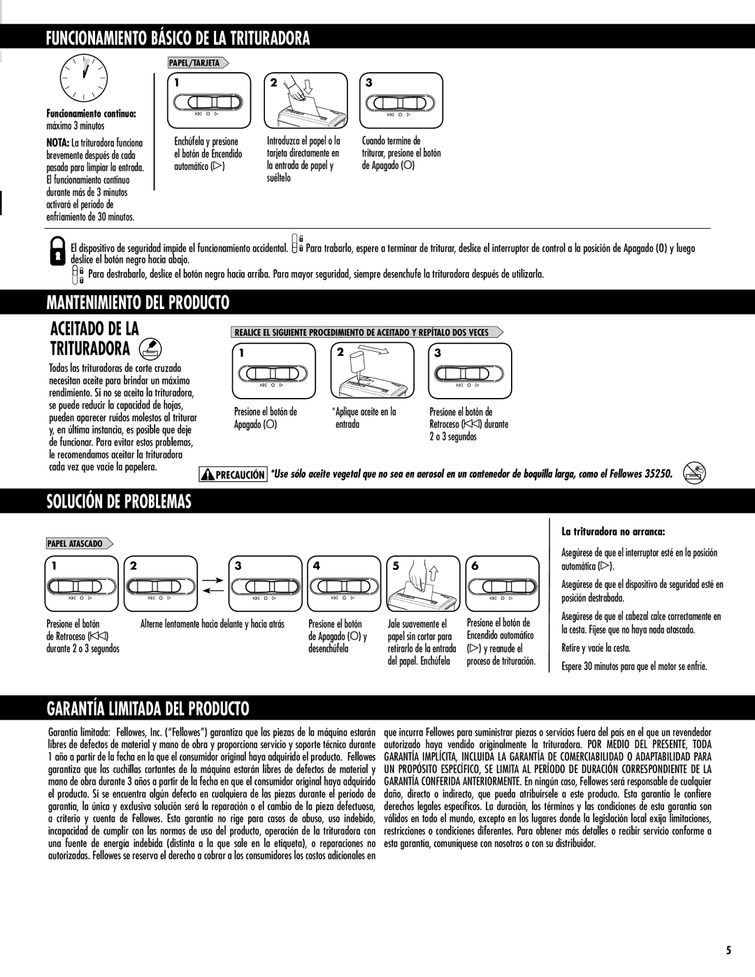 Fellowes H-5C manual Funcionamiento Básico DE LA Trituradora, Mantenimiento DEL Producto, Solución DE Problemas 