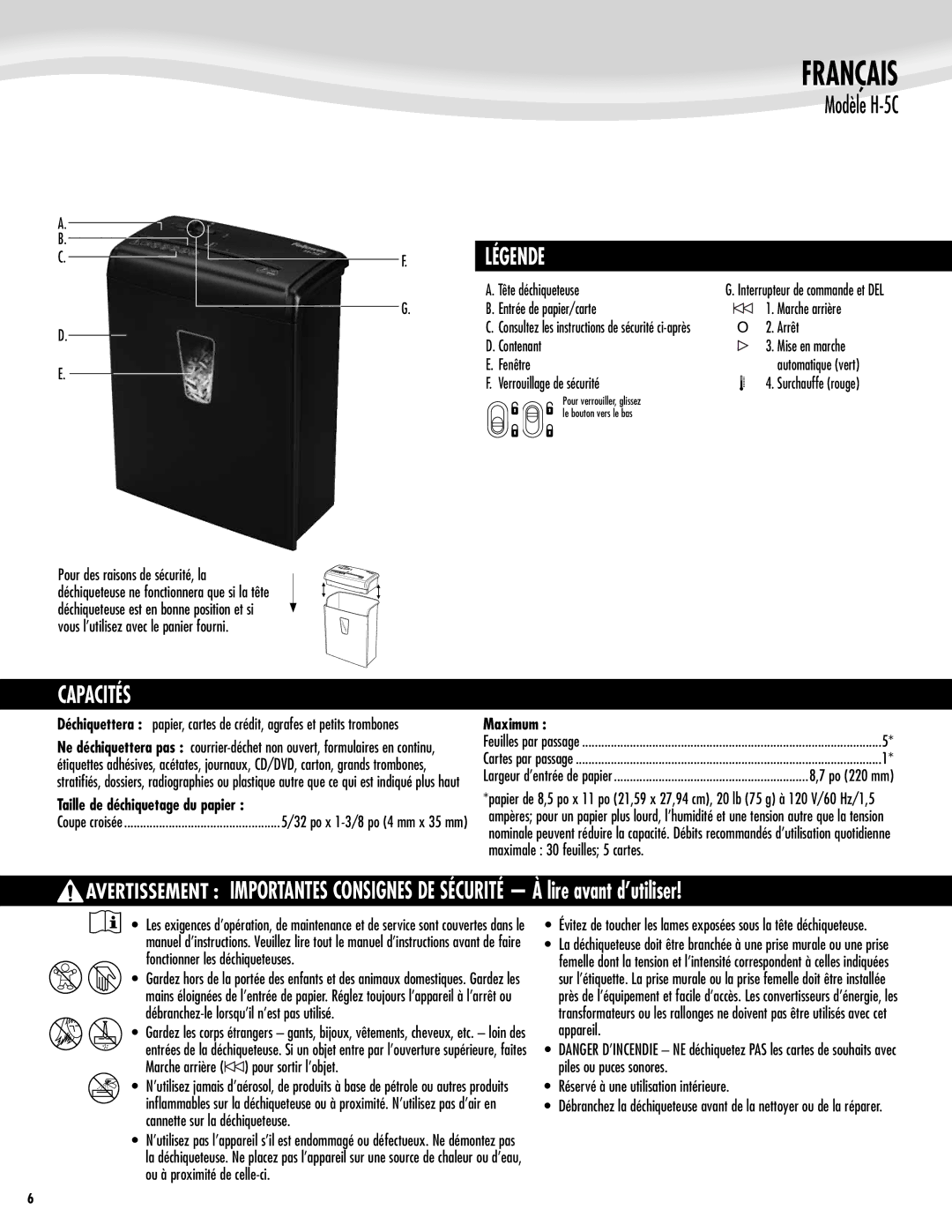 Fellowes H-5C manual Français, Légende, Capacités, Maximum 