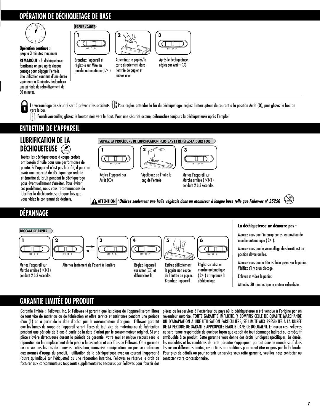 Fellowes H-5C manual Opération DE Déchiquetage DE Base, Dépannage, Garantie Limitée DU Produit, Entretien DE L’APPAREIL 