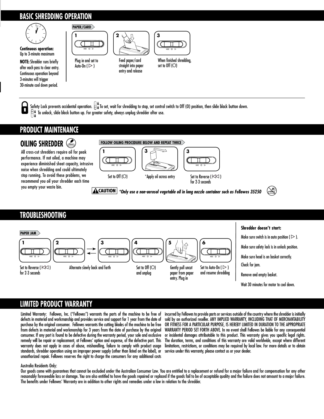 Fellowes H-6C manual Basic Shredding Operation, Limited Product Warranty 