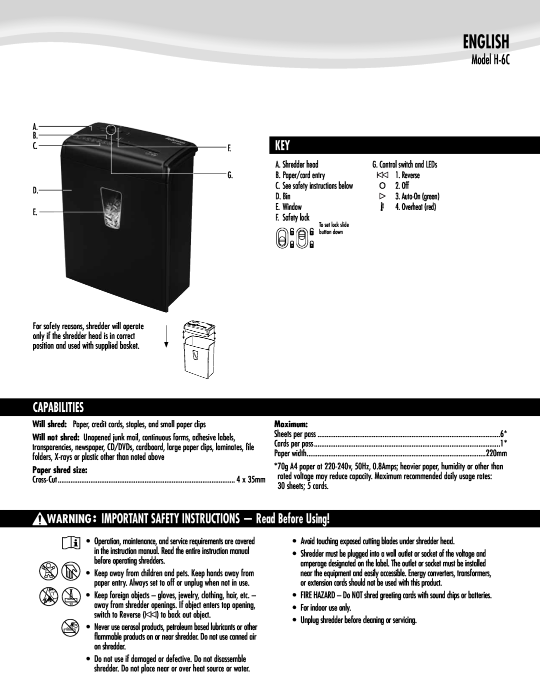 Fellowes H-6C manual F. Key, Capabilities, IMPORTANT SAFETY INSTRUCTIONS - Read Before Using, Paper shred size, English 