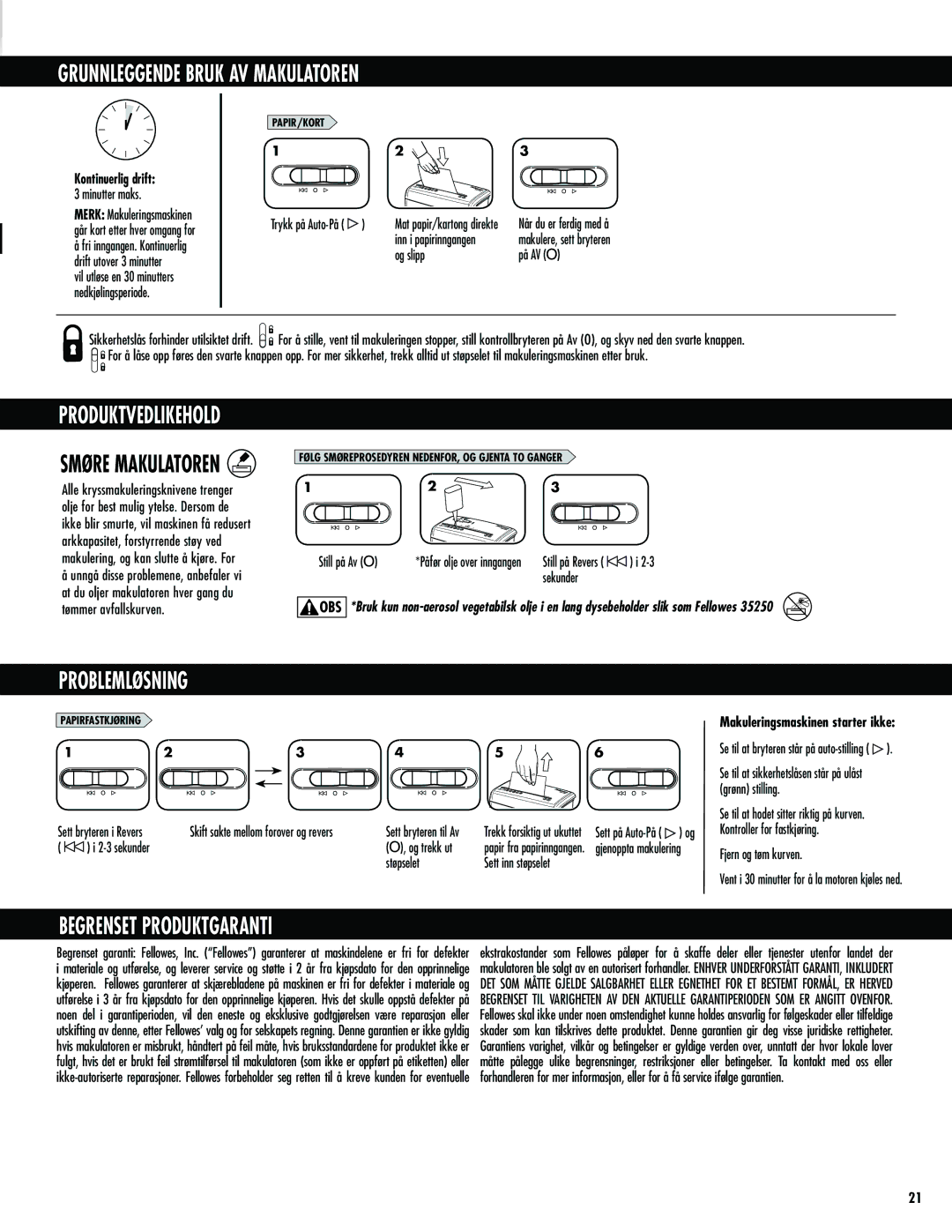 Fellowes H-8C/H-8Cd manual Grunnleggende Bruk AV Makulatoren, Produktvedlikehold, Problemløsning, Begrenset Produktgaranti 