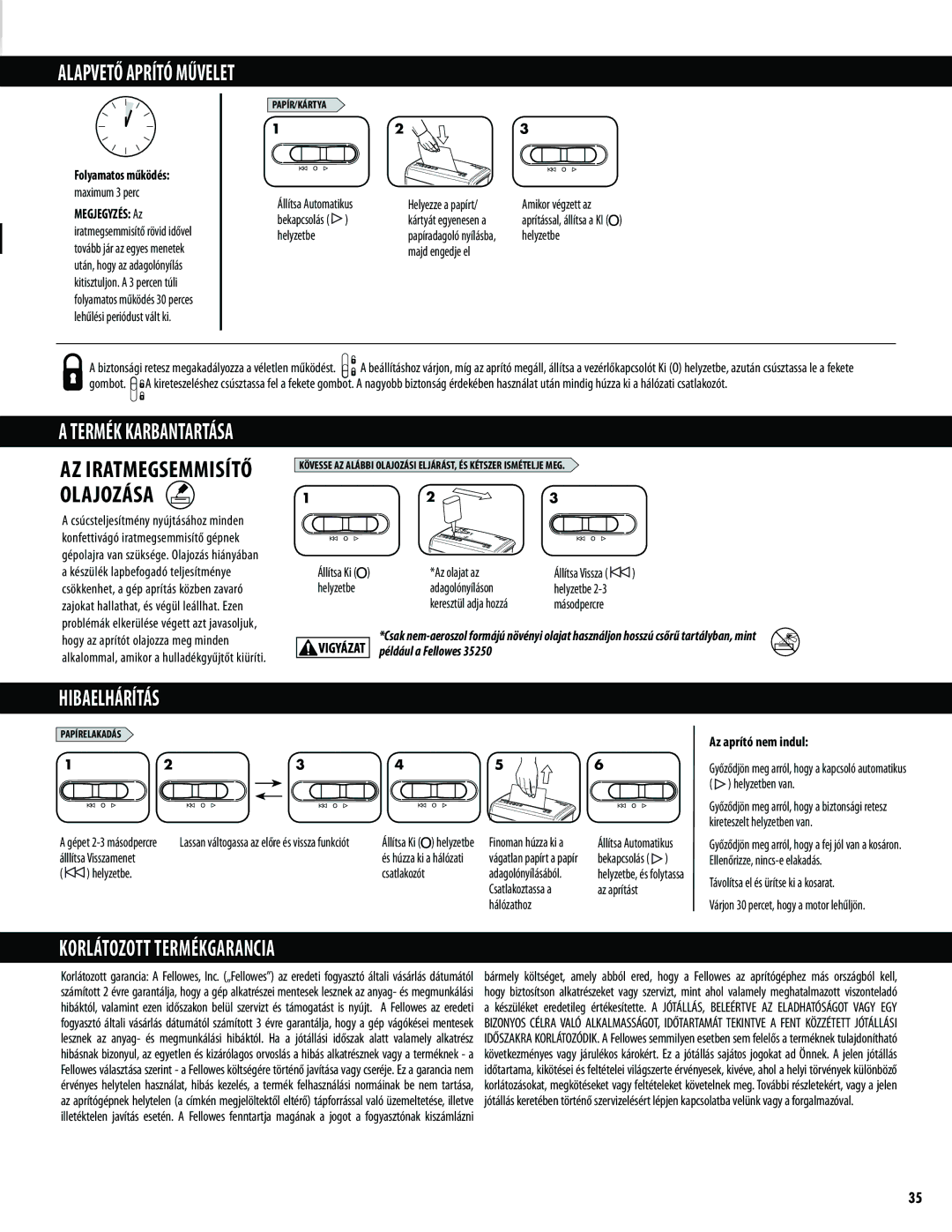 Fellowes H-8C/H-8Cd Hibaelhárítás, Korlátozott Termékgarancia, Folyamatos működés, Megjegyzés Az, Az aprító nem indul 