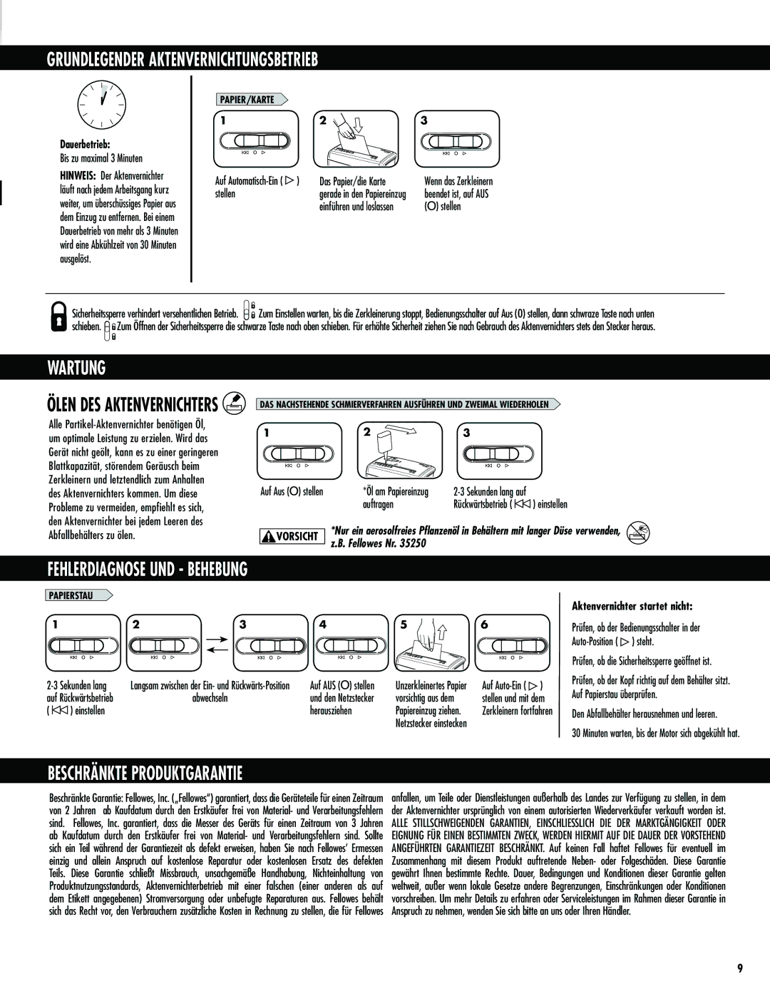 Fellowes H-8C/H-8Cd manual Grundlegender Aktenvernichtungsbetrieb, Wartung, Fehlerdiagnose UND Behebung 