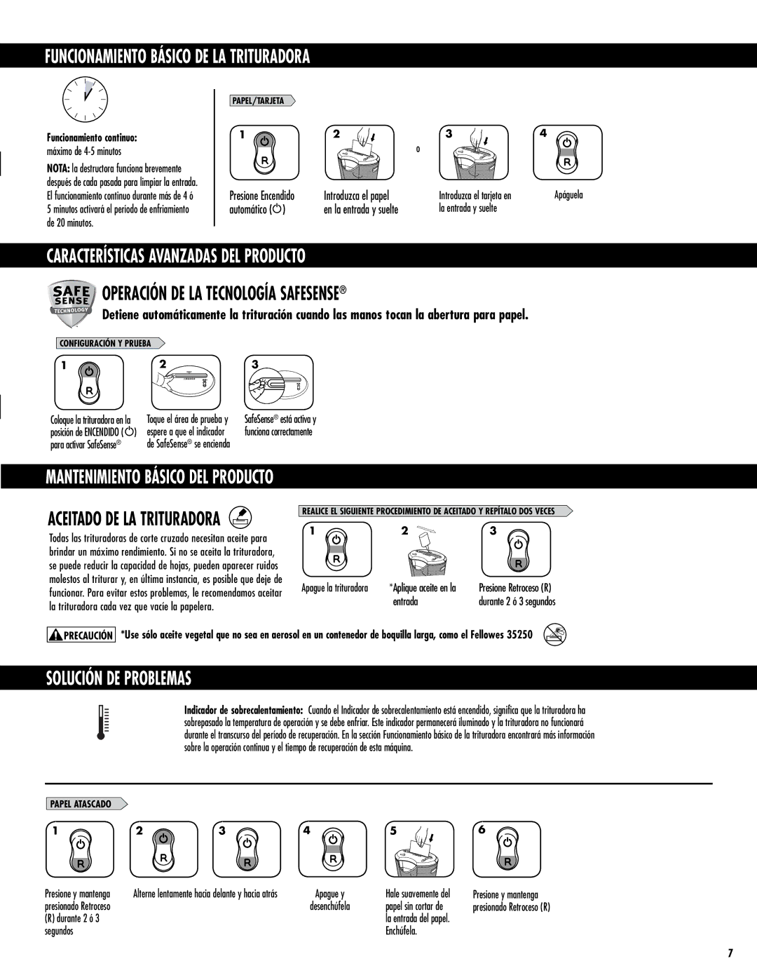 Fellowes hd-10c manual Funcionamiento Básico DE LA Trituradora, Operación DE LA Tecnología Safesense, Solución DE Problemas 