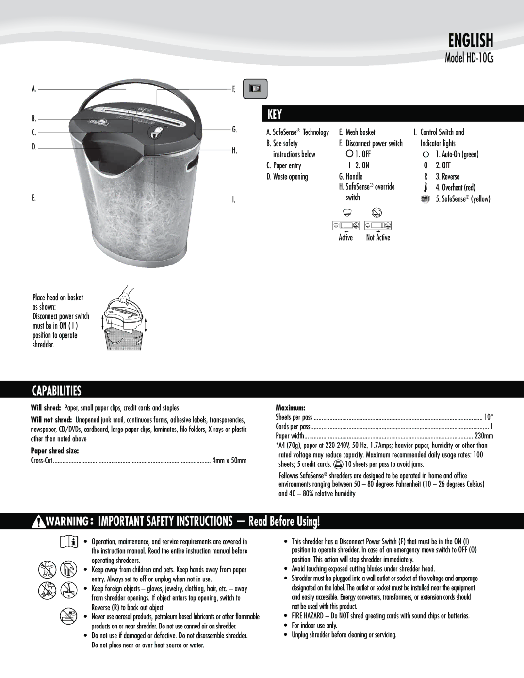 Fellowes HD-10c's manual Key, Capabilities, Paper shred size, Maximum, 230mm 