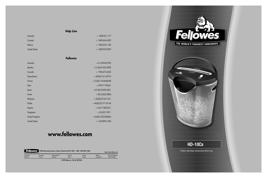Fellowes HD-10CS manual Help Line, Fellowes, HDHD--10Cs10Cs 