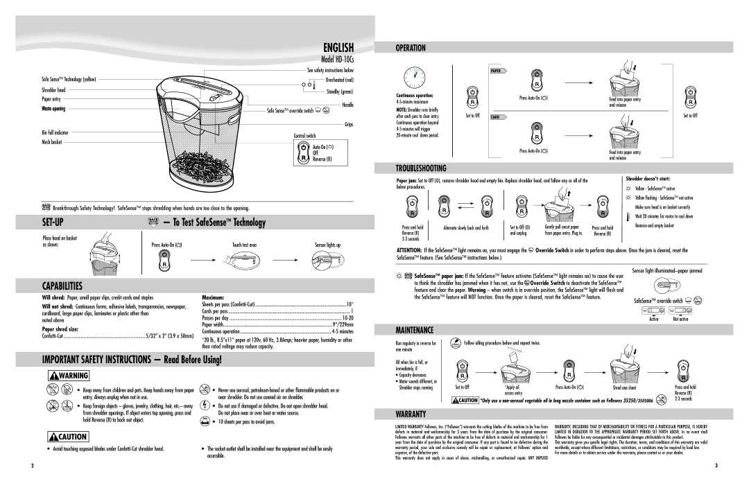 Fellowes HD-10CS manual Set-Up, To Test SafeSense Technology, Capabilities, Important Safety Instructions Read Before Using 