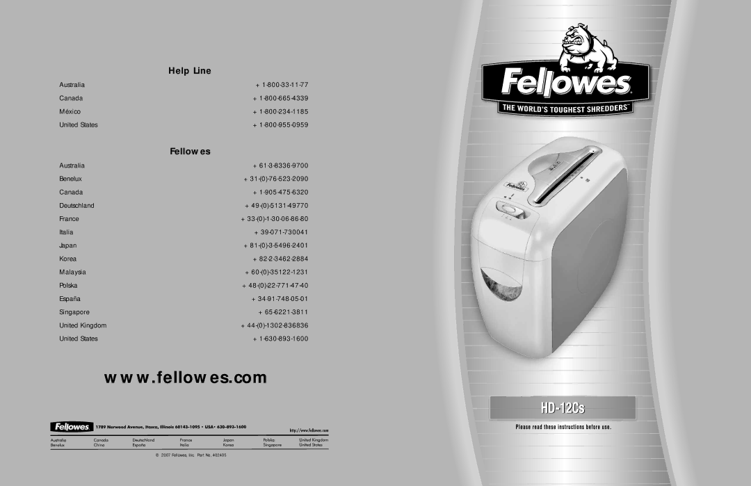 Fellowes HD12CS manual Help Line, Fellowes 