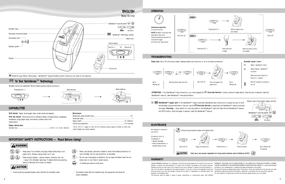 Fellowes HD12CS manual To Test SafeSense Technology, Important Safety Instructions Read Before Using 