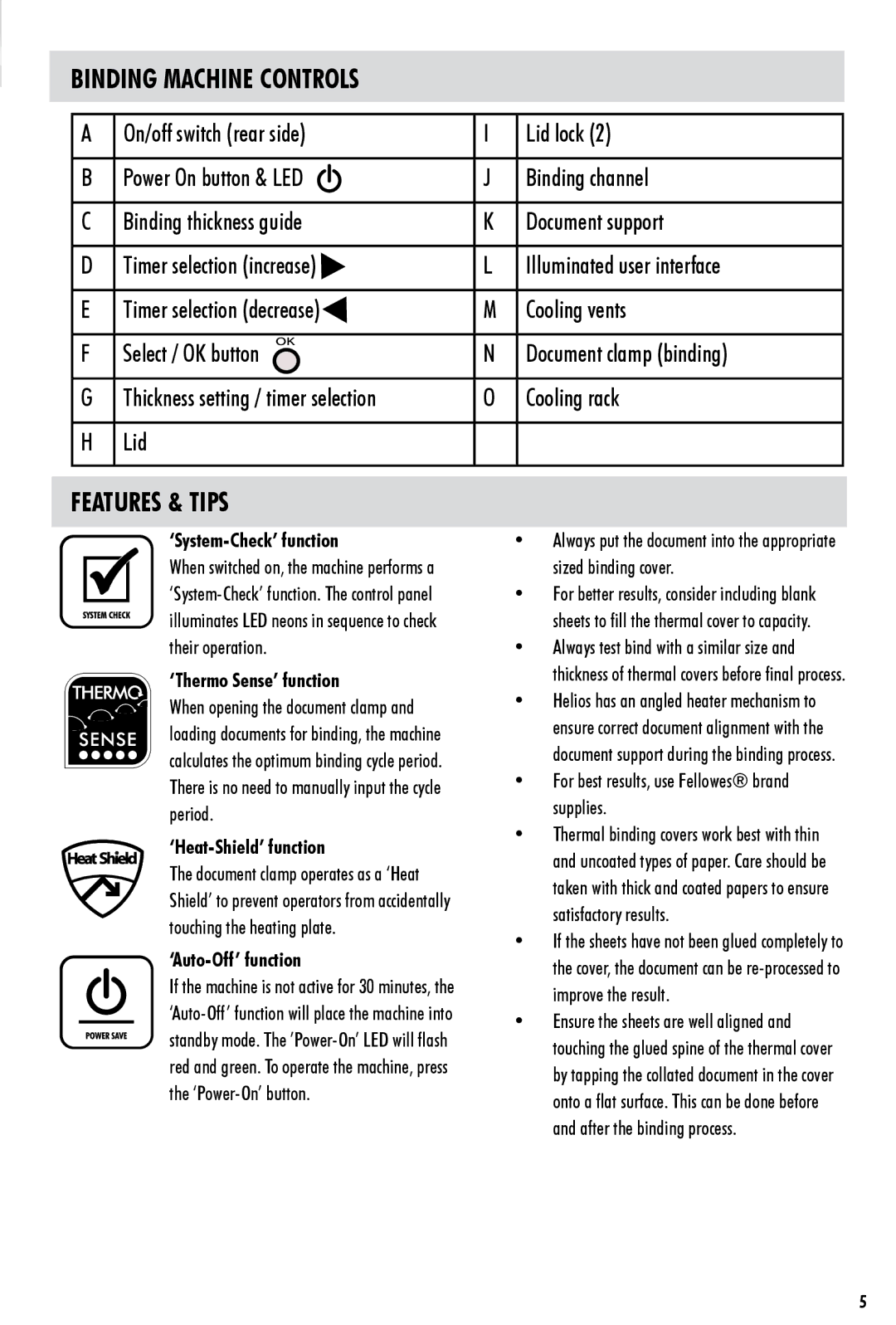 Fellowes helios 60 manual Binding Machine Controls, Features & Tips 