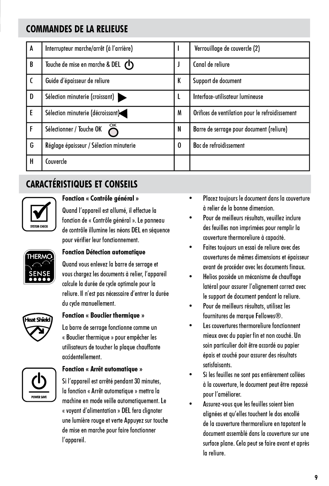 Fellowes helios 60 manual Commandes DE LA Relieuse, Fonction « Contrôle général », Fonction Détection automatique 