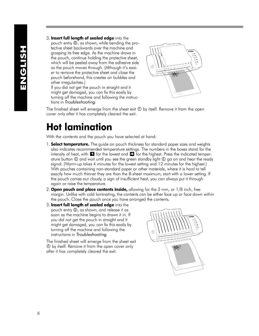 Fellowes HRL 95, HRL 125 manual Hot lamination, With the contents and the pouch you have selected at hand 