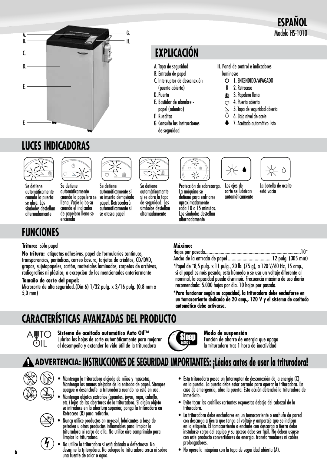 Fellowes HS-1010 manual Español, Luces Indicadoras, Funciones, Características avanzadas del producto, Explicación 