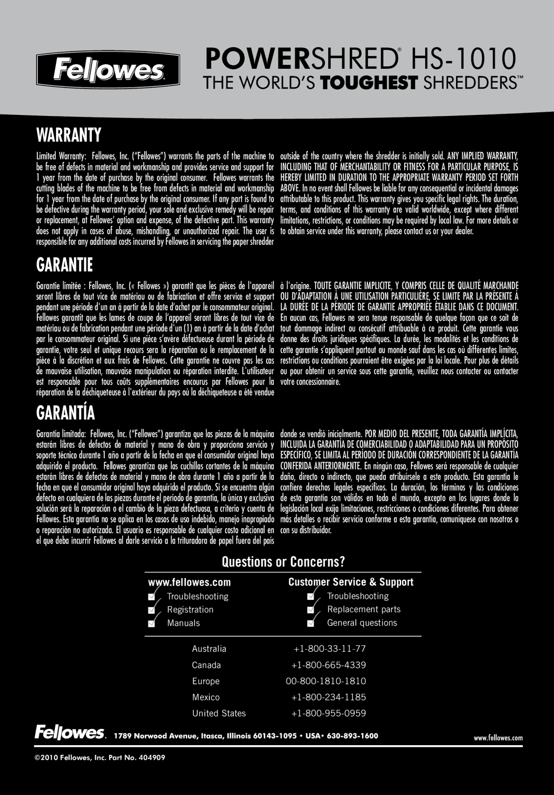 Fellowes HS-1010 manual Warranty 