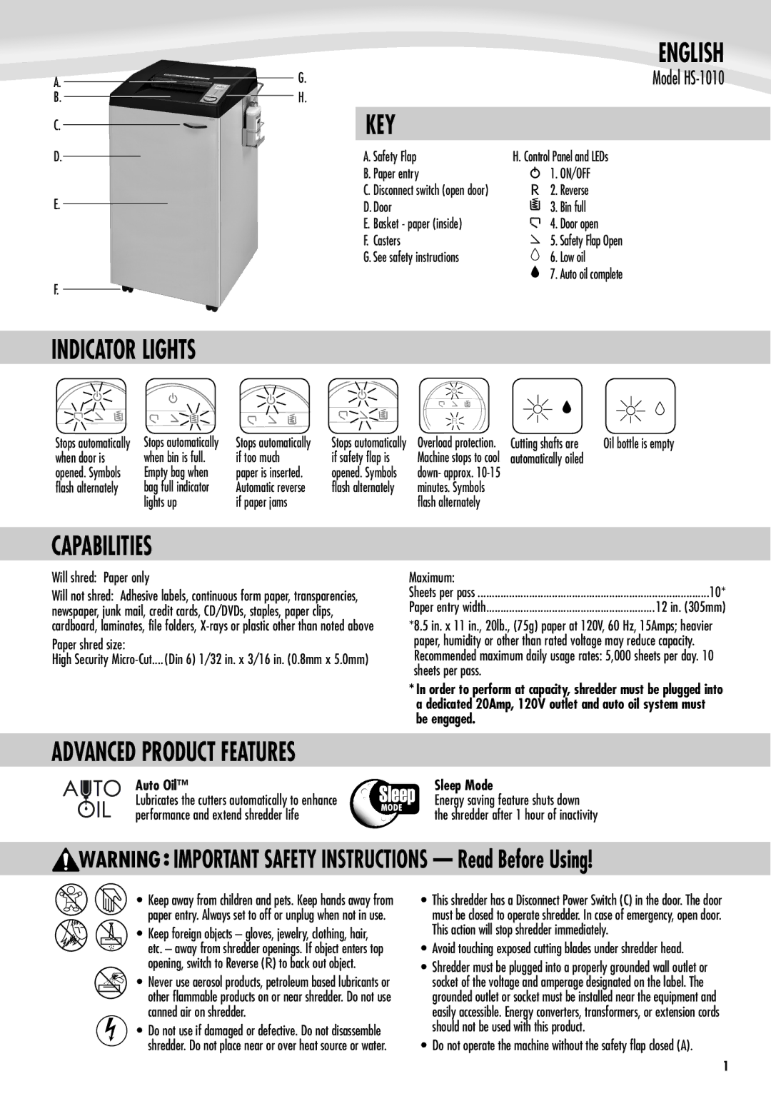 Fellowes HS-1010 manual English, Key, Indicator Lights, Capabilities 