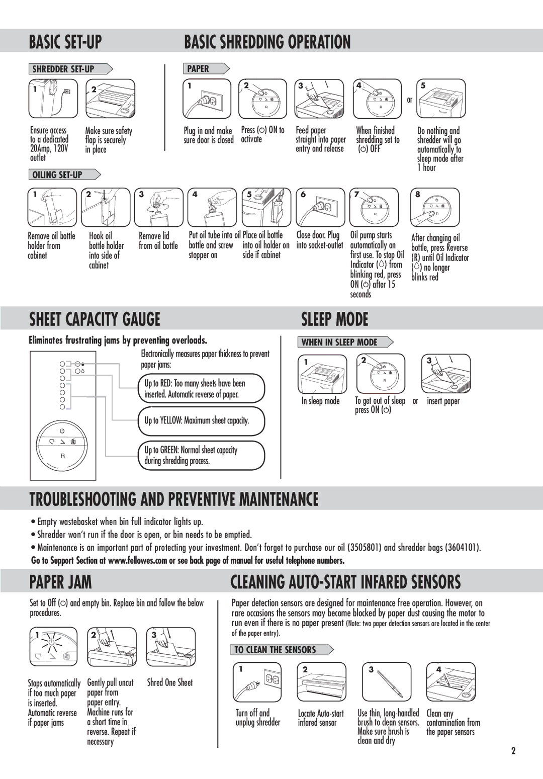 Fellowes HS-1010 Basic SET-UP Basic Shredding Operation, Sheet Capacity Gauge, Troubleshooting and Preventive Maintenance 