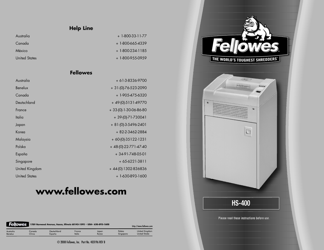 Fellowes HS-400 manual Fellowes, Inc. Part No REV B 