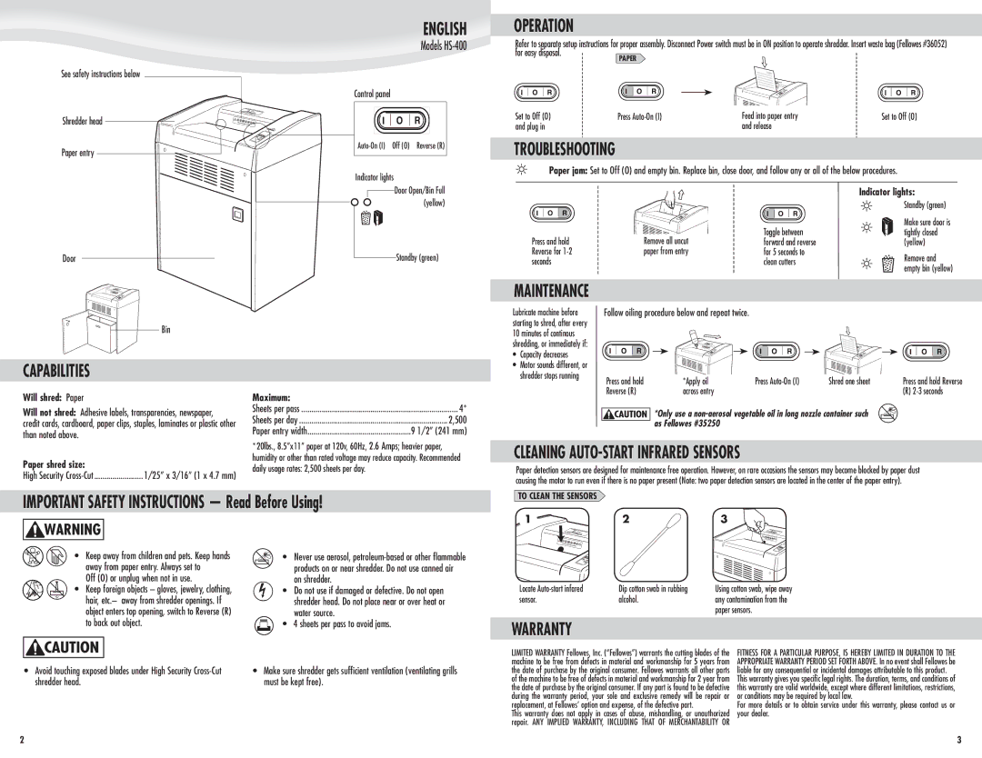 Fellowes HS-400 manual Operation, Troubleshooting, Capabilities, Cleaning AUTO-START Infrared Sensors, Warranty 