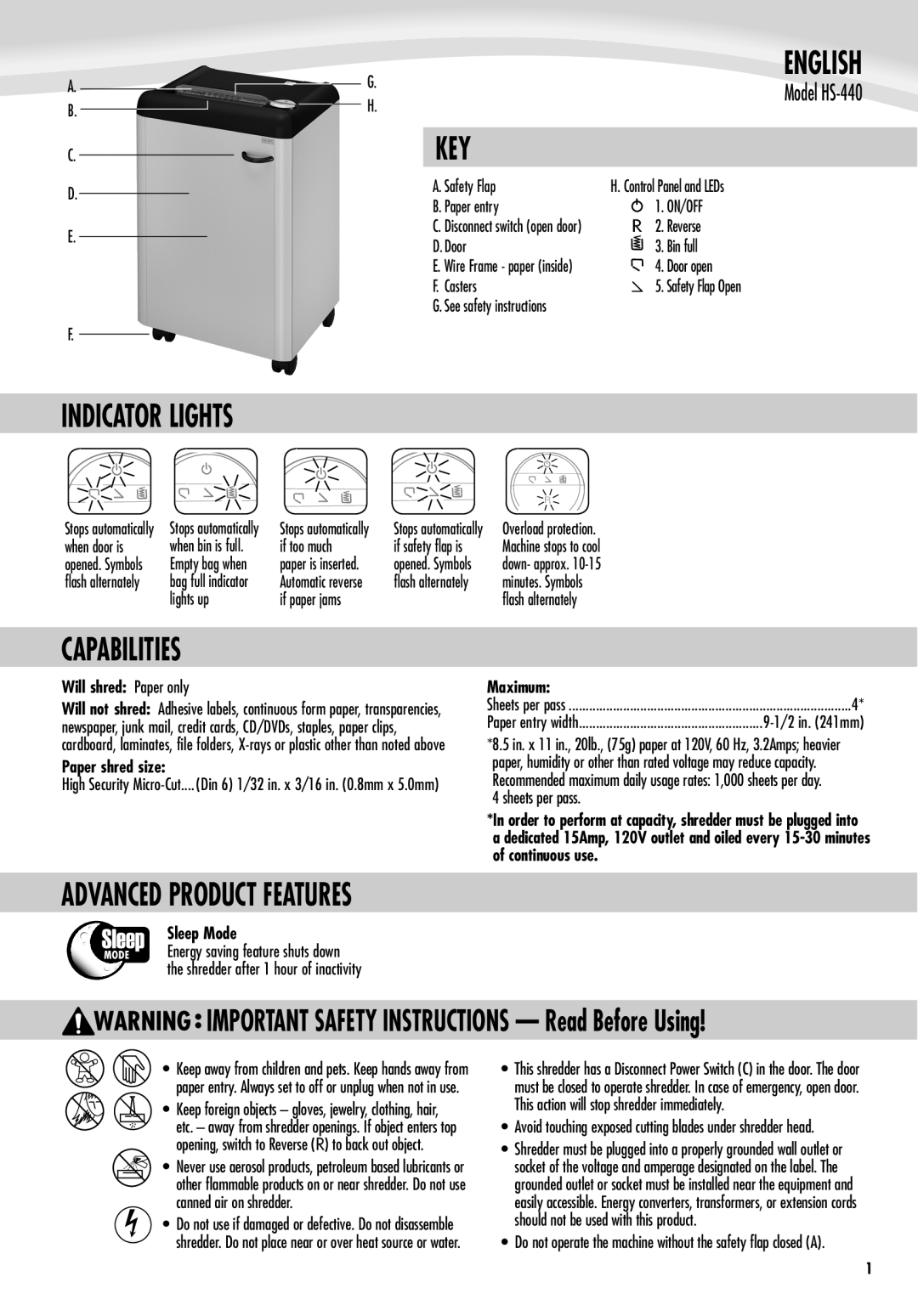 Fellowes HS-440 manual Indicator Lights English, Key, Capabilities 