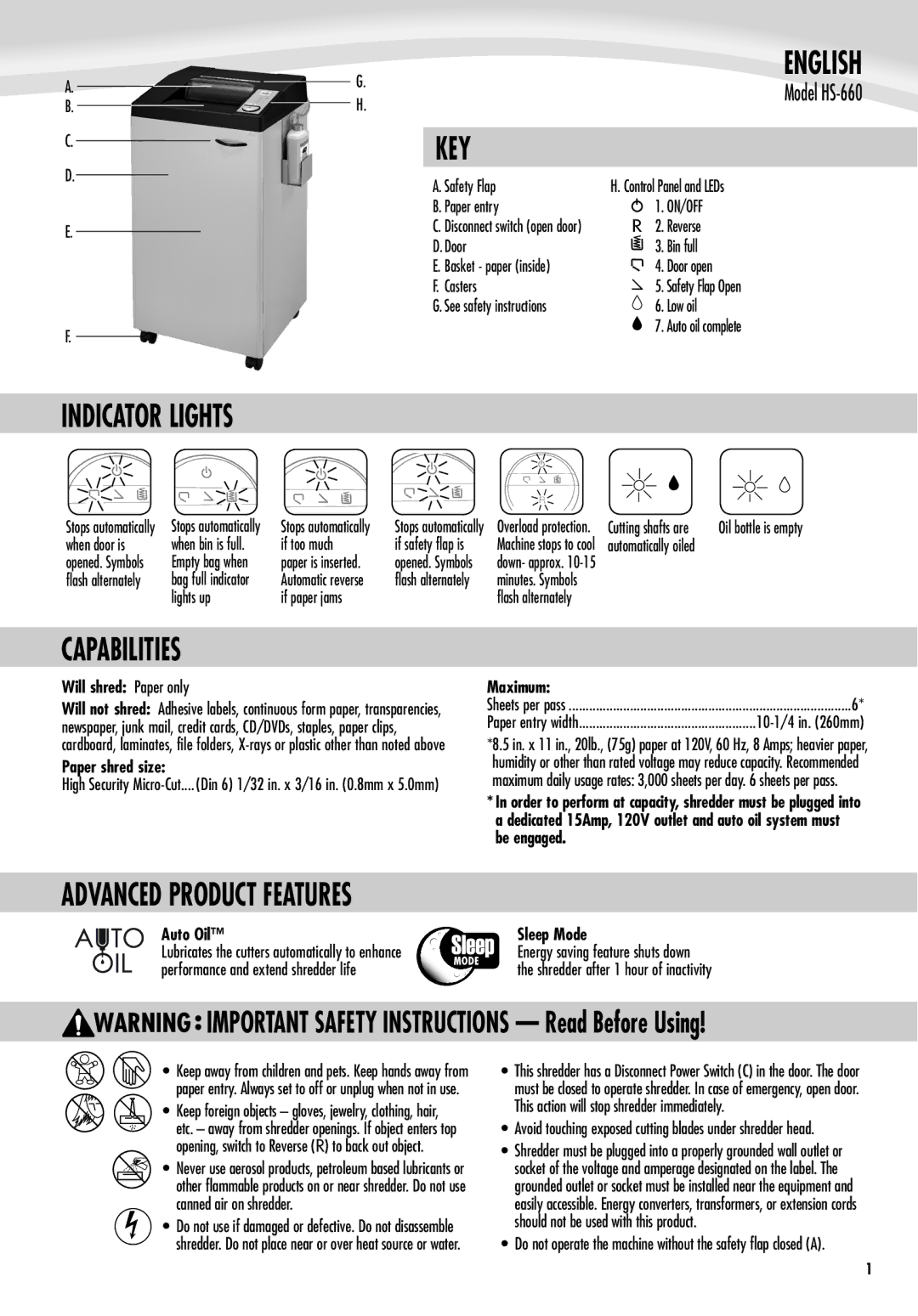 Fellowes HS-660 manual Indicator Lights KEY, Capabilities, Advanced Product Features 