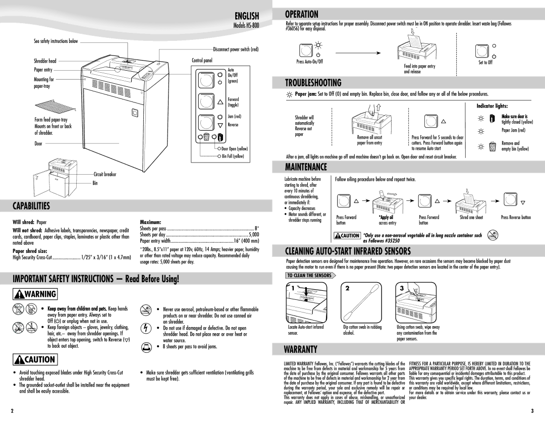 Fellowes HS-800 manual Operation, Troubleshooting, Capabilities, Cleaning AUTO-START Infrared Sensors, Warranty 