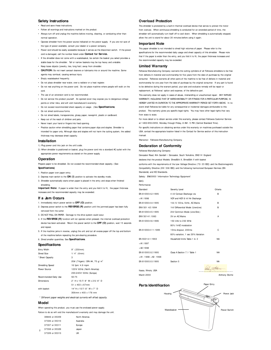 Fellowes II Safety Instructions, Installation, Operation, If a Jam Occurs, Specifications, Model, Overload Protection 