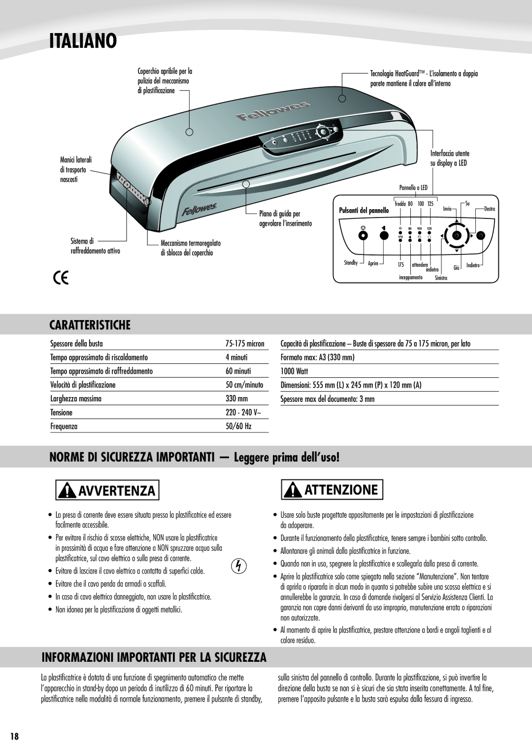 Fellowes Jupiter A3 manual Italiano, Avvertenza, Attenzione, Caratteristiche 