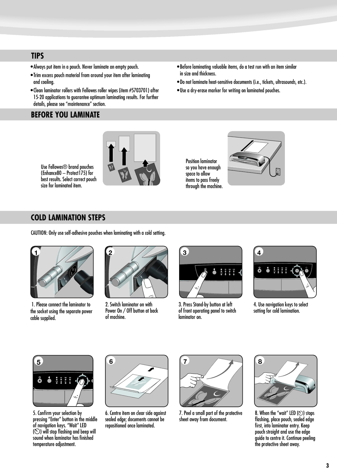 Fellowes Jupiter A3 manual Tips, Before YOU Laminate, Cold Lamination Steps 