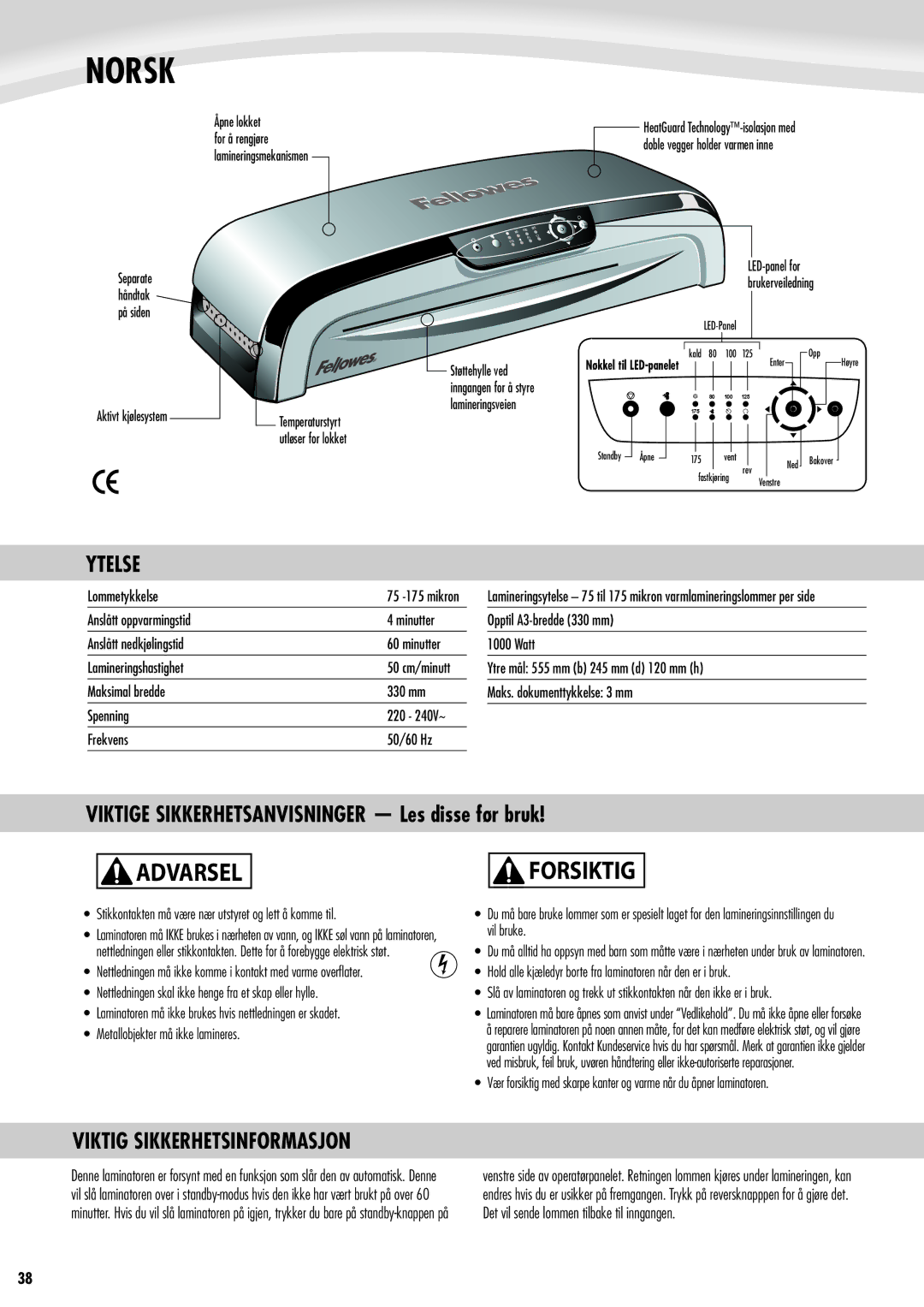 Fellowes Jupiter A3 manual Norsk, Forsiktig, Ytelse, Viktige Sikkerhetsanvisninger Les disse før bruk 