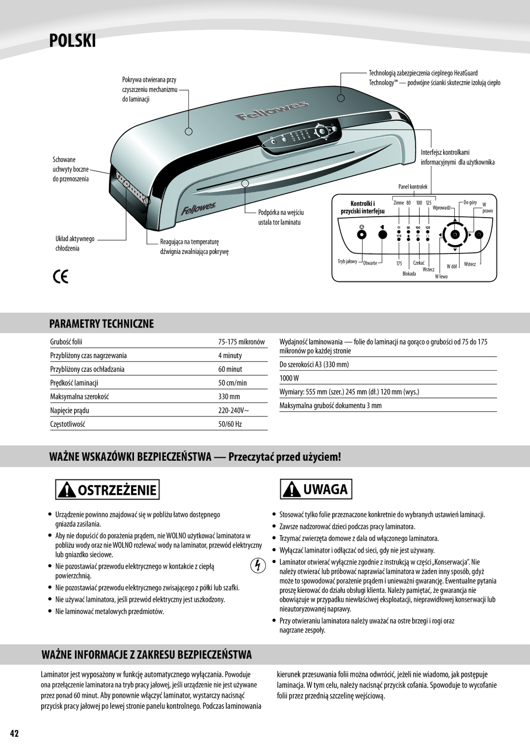 Fellowes Jupiter A3 manual Polski, Uwaga, Parametry Techniczne, Ważne Wskazówki Bezpieczeństwa Przeczytać przed użyciem 