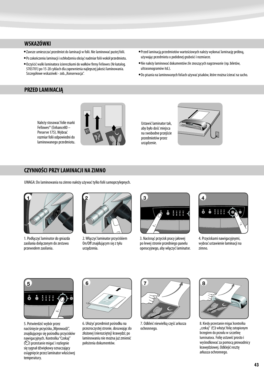 Fellowes Jupiter A3 manual Wskazówki, Przed Laminacją, Czynności Przy Laminacji NA Zimno 