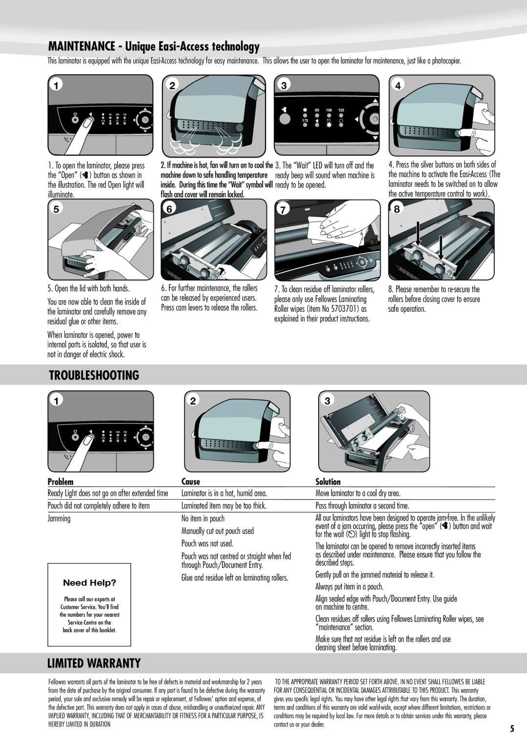 Fellowes Jupiter A3 manual Maintenance Unique Easi-Access technology, Troubleshooting, Limited Warranty 