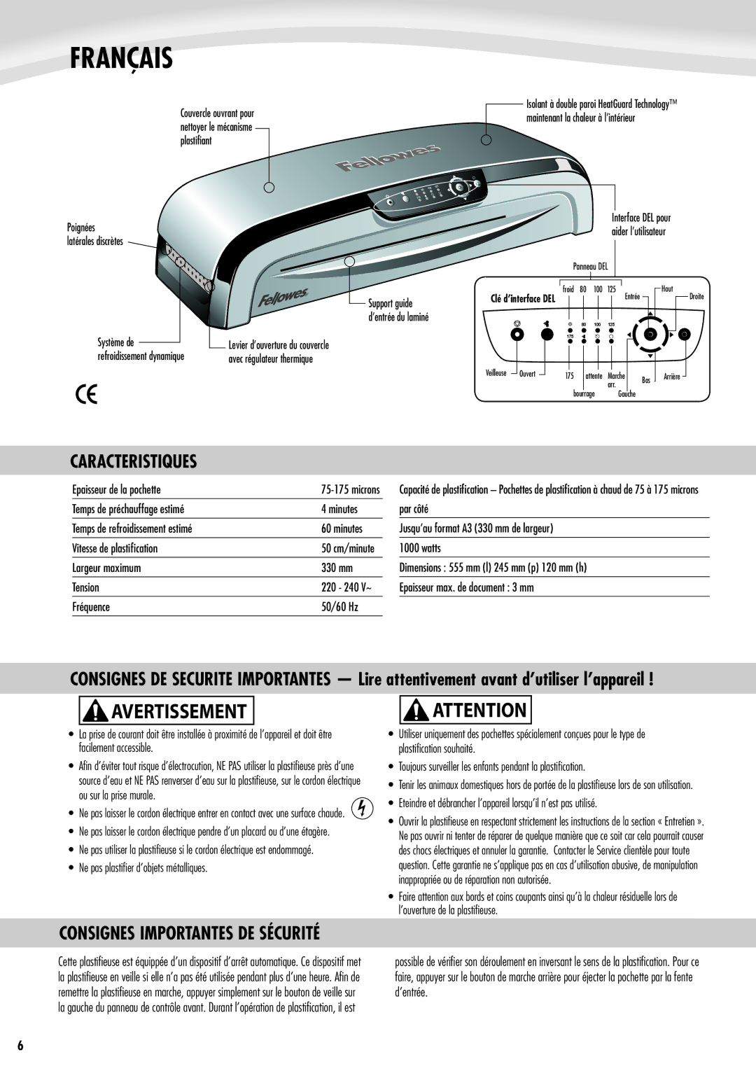 Fellowes Jupiter A3 manual Français, Avertissement, Caracteristiques 