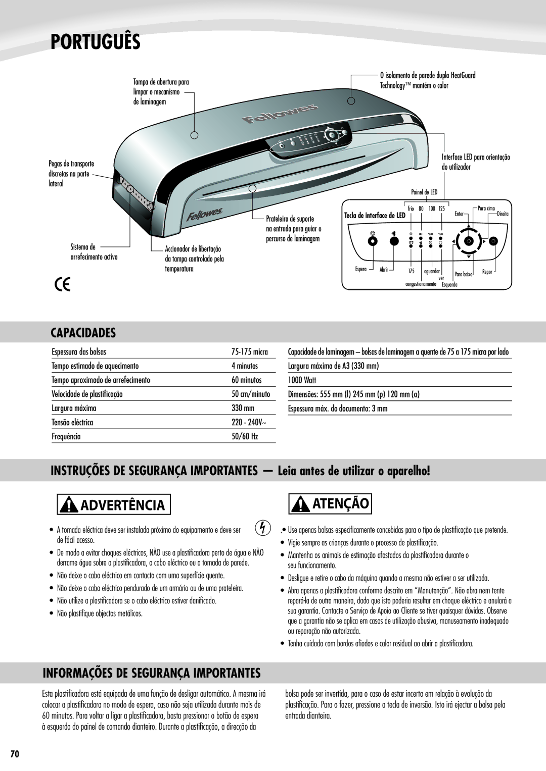 Fellowes Jupiter A3 manual Português, Advertência, Atenção, Capacidades 