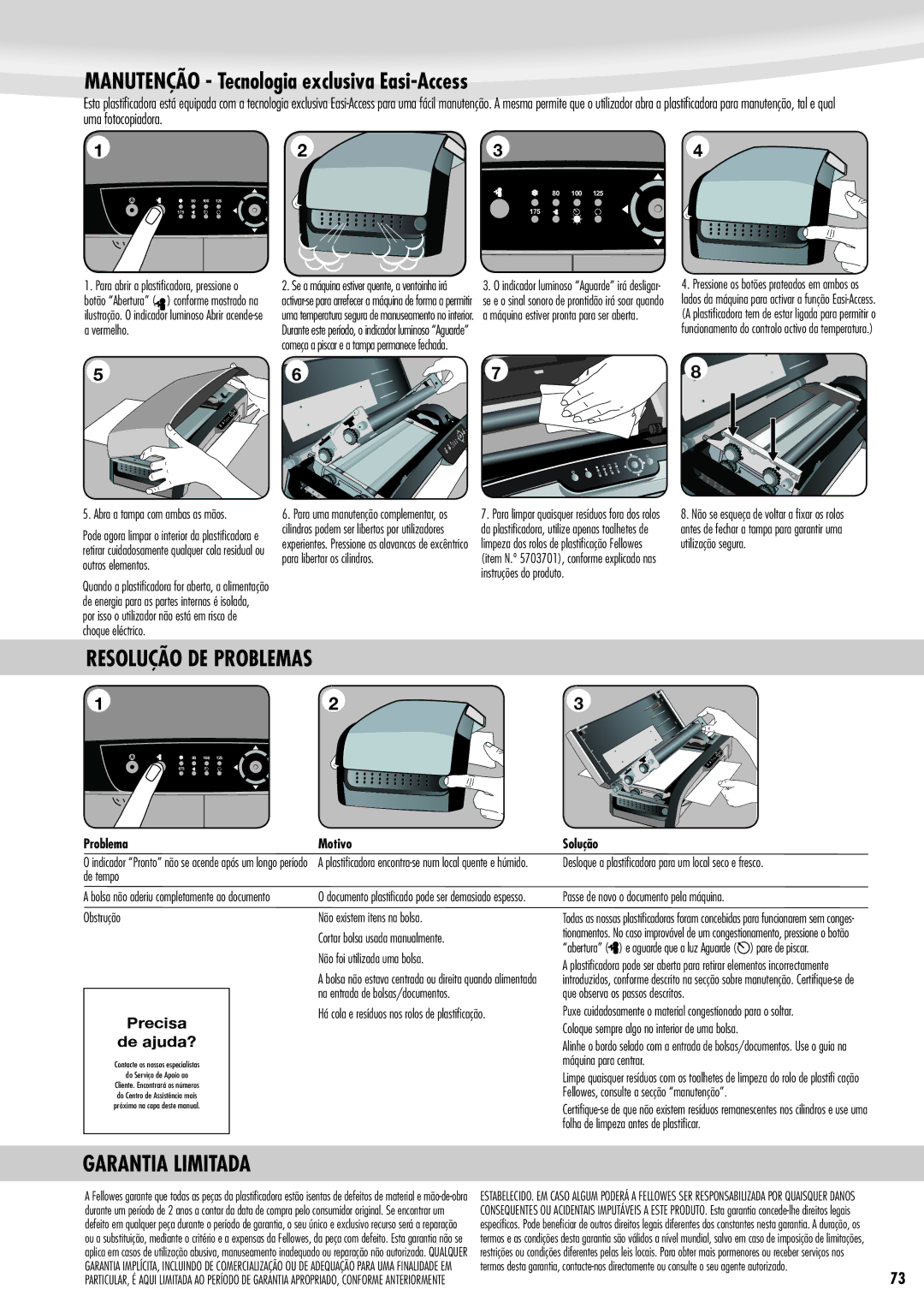 Fellowes Jupiter A3 manual Manutenção Tecnologia exclusiva Easi-Access, Resolução DE Problemas, Garantia Limitada 