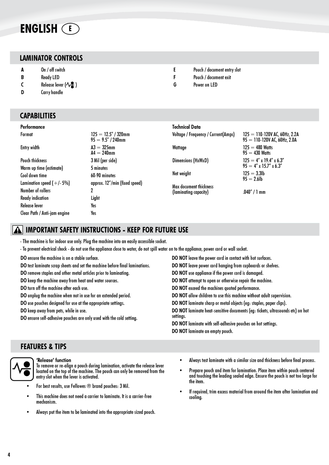 Fellowes Lunar 95 Laminator Controls, Capabilities, Important Safety Instructions Keep for Future USE, Features & Tips 