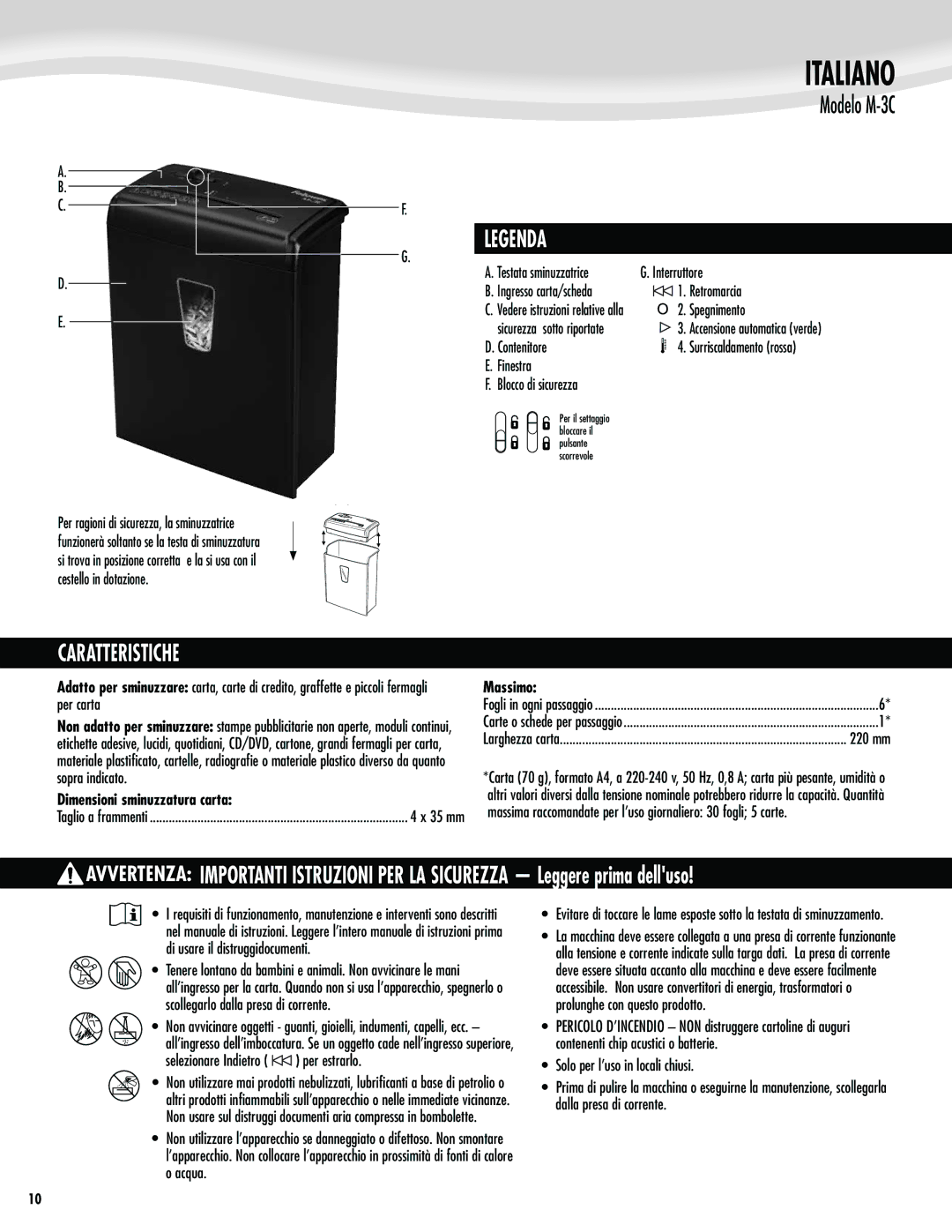 Fellowes M-3C manual Italiano, Caratteristiche, Dimensioni sminuzzatura carta 